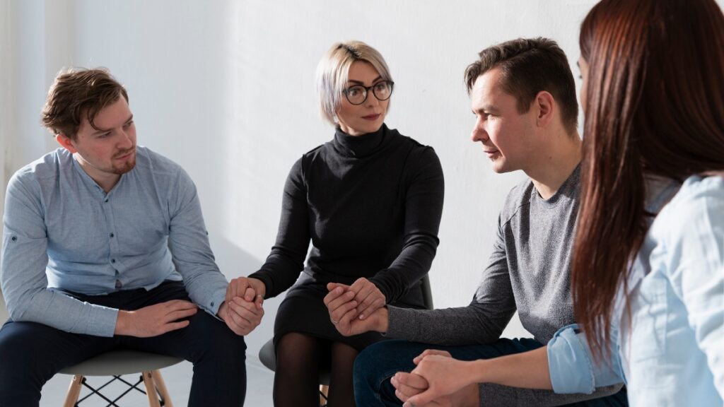 A group treatment session focused on helping people deal with the struggle of both depression and addiction.