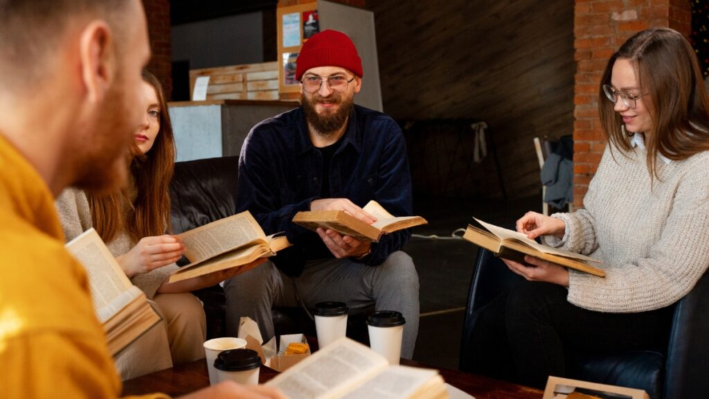 A group of people enjoy bible study through Christian rehab centers in Colorado